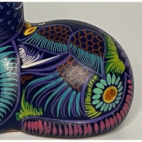 Cat Kitten Mexican Folk Art Pottery Blue W Bird Figurine Tonala Talavera Style - Picture 3 of 10
